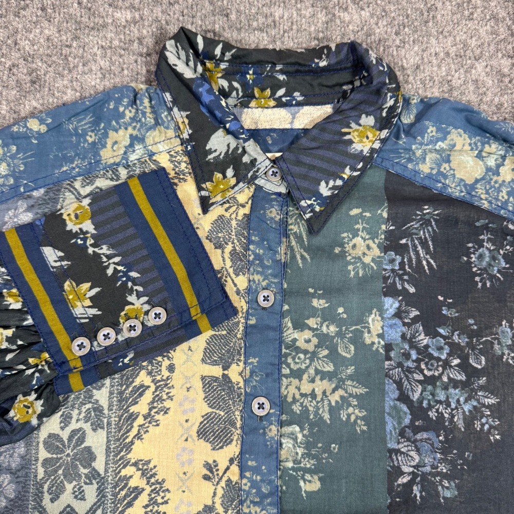 We The Free Patchwork Floral Button Down Top Womens S Blue Boho Cotton EUC Shirt